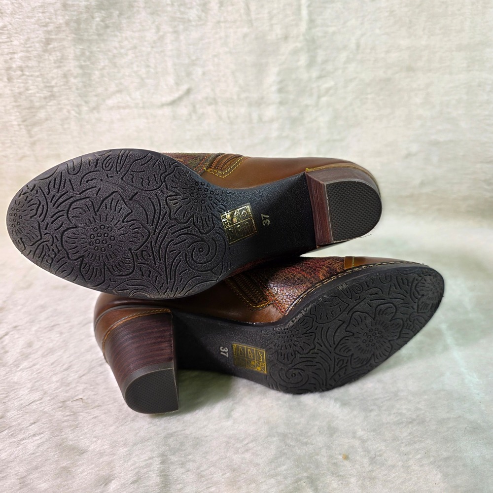 Spring Step L'Artiste Ankle Boots Brown Floral Leather Heels Womens 37 6 - Picture 5 of 8